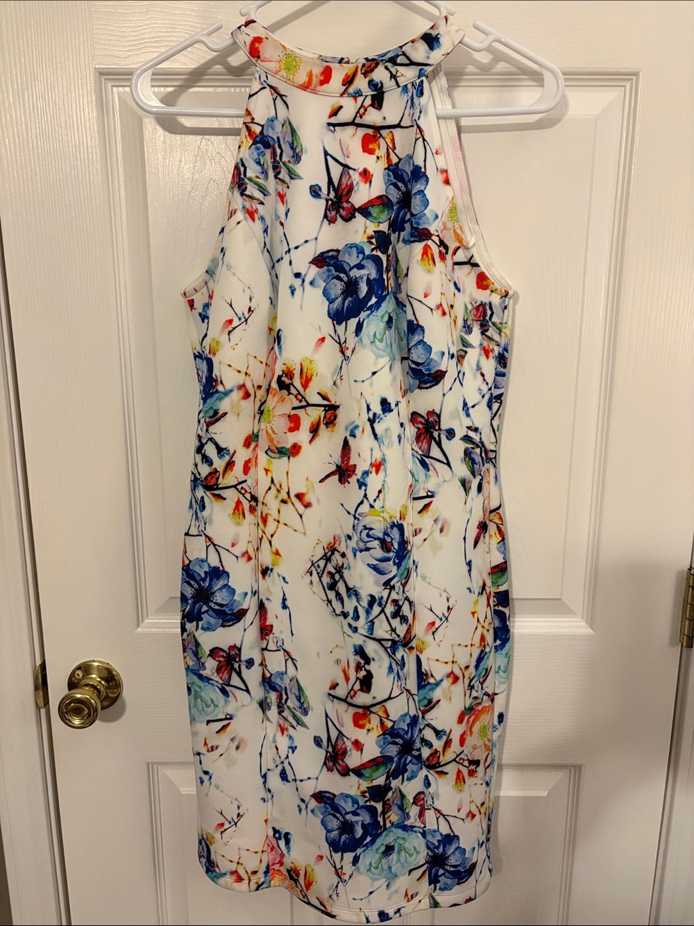 Venus Floral Halter Sheath Dress - White with Blue & Multicolor Print